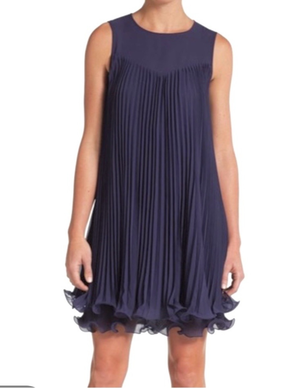 Erin Fetherston Navy Blue Pleated Chiffon Sleeveless Mini Dress 0 Curly Hem